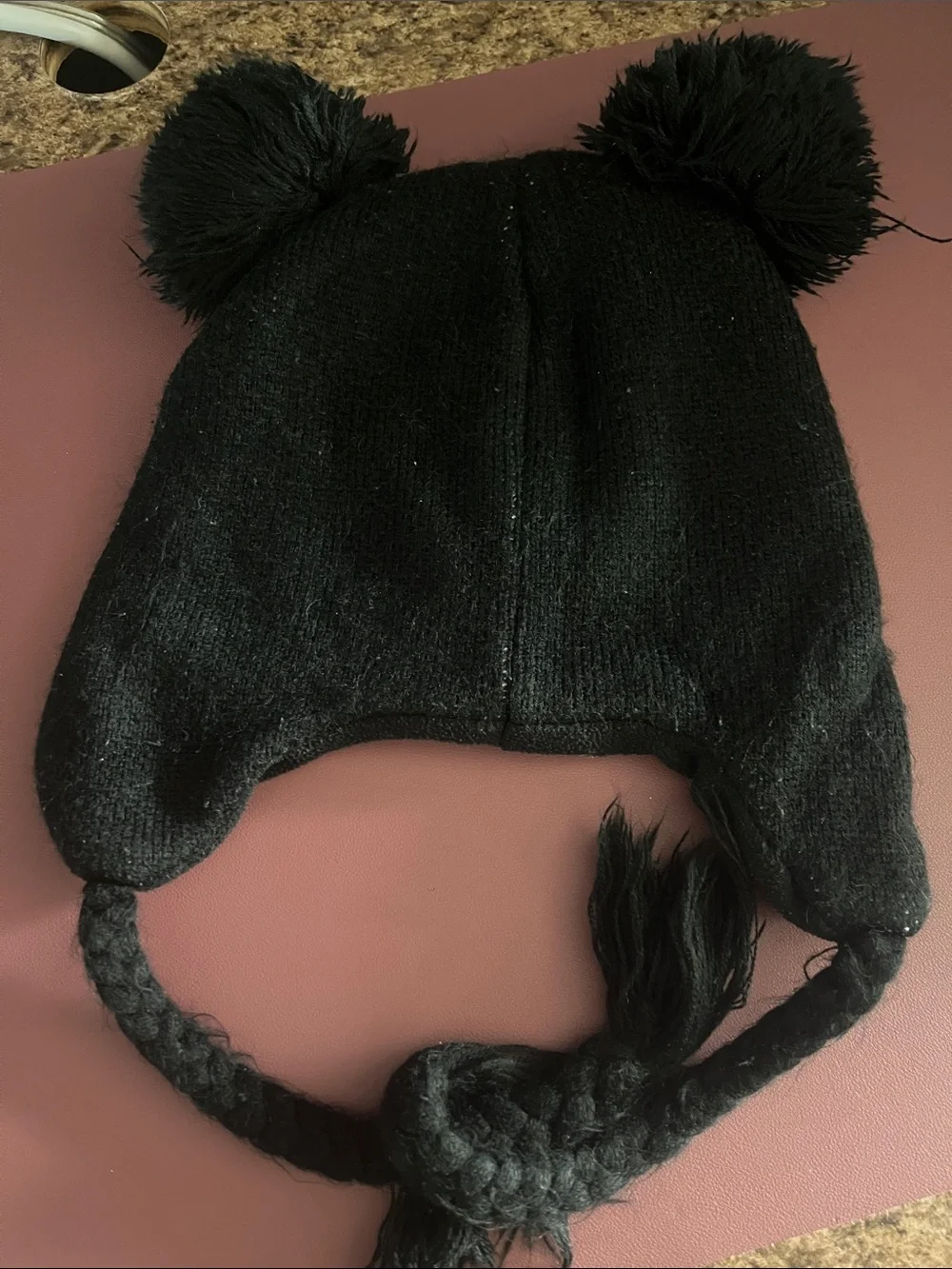 Disney Black Knit Minnie Mouse Earflap Hat with Red Bow